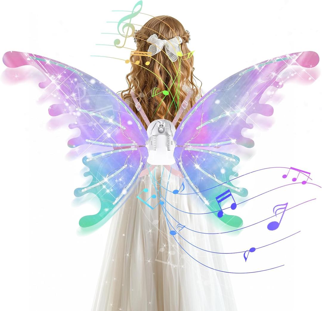 GOLDGE LED Electric Fairy Wings for Girls, Moving Butterfly Wings with Lights & Music, Toy for Halloween, Valentine, Birthday, Christmas, Party Costume, Princess Cosplay and Dress-Up (Multicolored)
