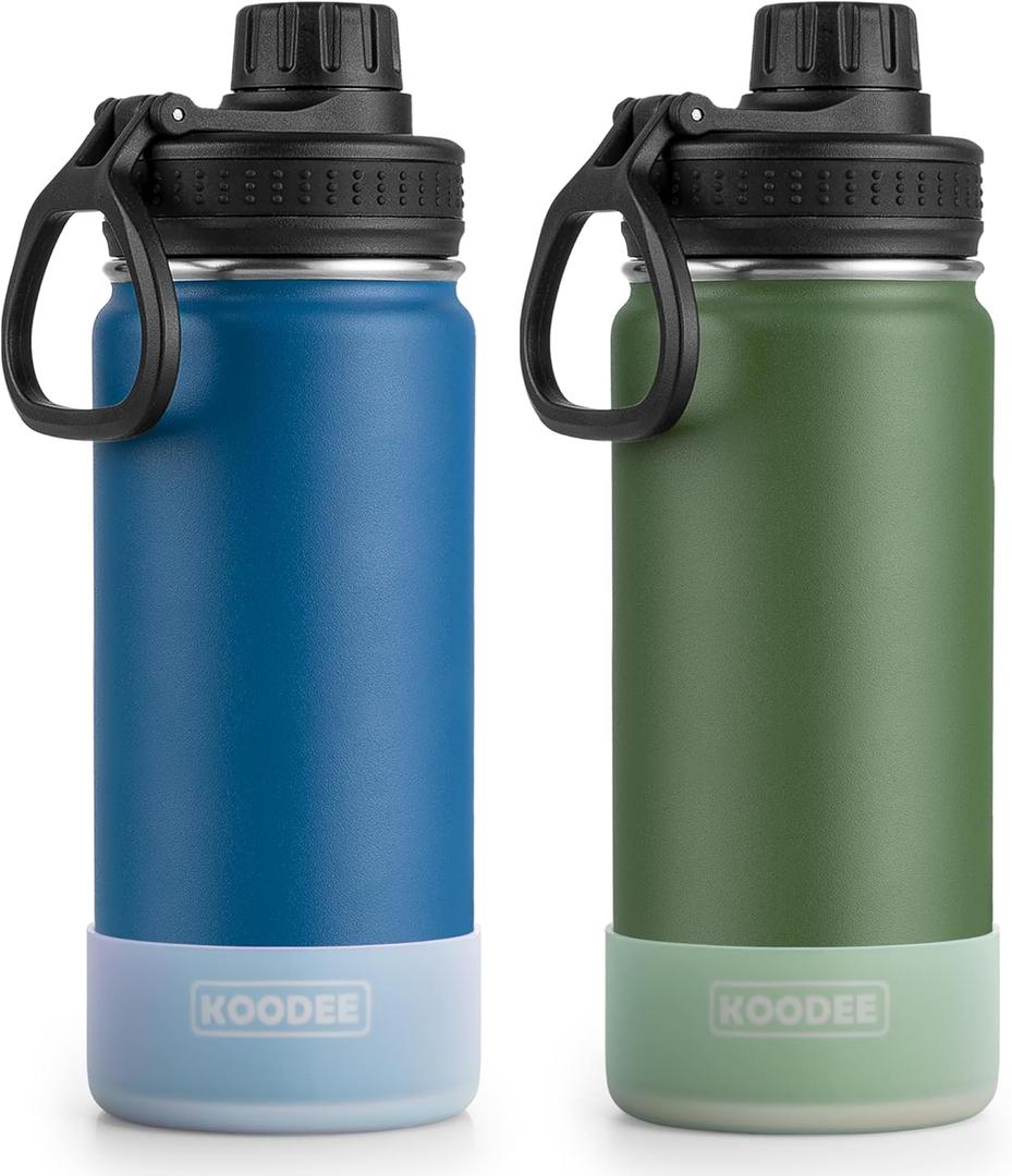 koodee Insulated Water Bottle 2 Pack-18 oz Stainless Steel Vacuum Metal Sports Water Bottle with Leakproof Spout Lid (Navy-Grass Green)