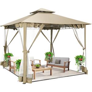 HOTEEL Outdoor Gazebo 10x10 Gazebos on Clearance with Netting, Waterproof Canopy Tent with Heavy Duty Party Tent Steel Frame, High Wind-Resistant Shelter for Backyard, Deck & Garden Windproof Khaki