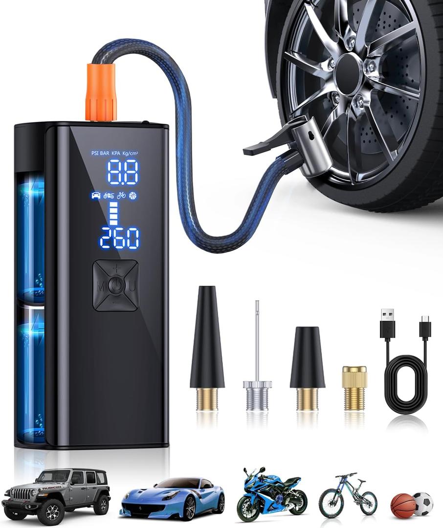 Tire Inflator Portable Air Compressor, 150PSI & 25000mAh air Pump for car Tires with Tire Pressure Gauge Led Light, 2X Faster Cordless Tire Pump for Car, Motorcycle, Bicycle and Ball (Shiny Black)