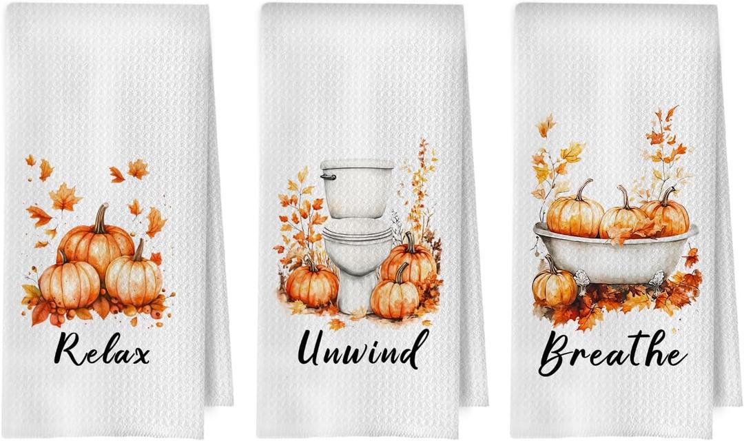 Fall Pumpkin Hand Towels for Bathroom 16x24 Inch, Fall Pumpkin Bathroom Decor, Relax Unwind Breath Autumn Decorative Hand Towels for Bath Room Washroom Set of 3