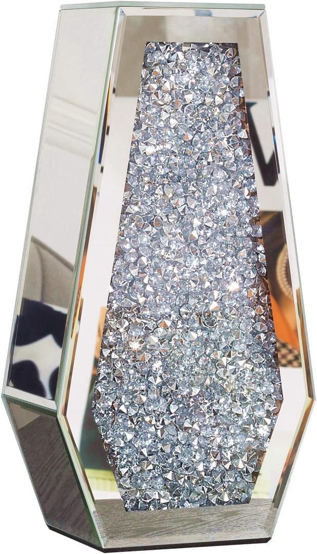 Crushed Diamond Mirror Vase Silver Flower Vases for Decor Bling Crystal Glass Vase for Room Decor, 12 Inches (Can Hold Water)