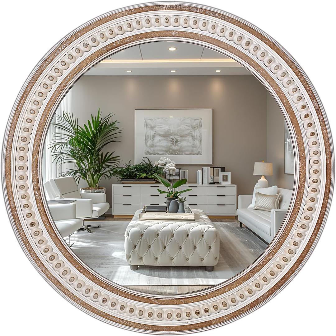 24 Inches Rustic Round Wall Mirrors - Wooden Farmhouse Circle Mirror for Bathroom, Entryway, Bedroom, Living Room, Entryway Decorative