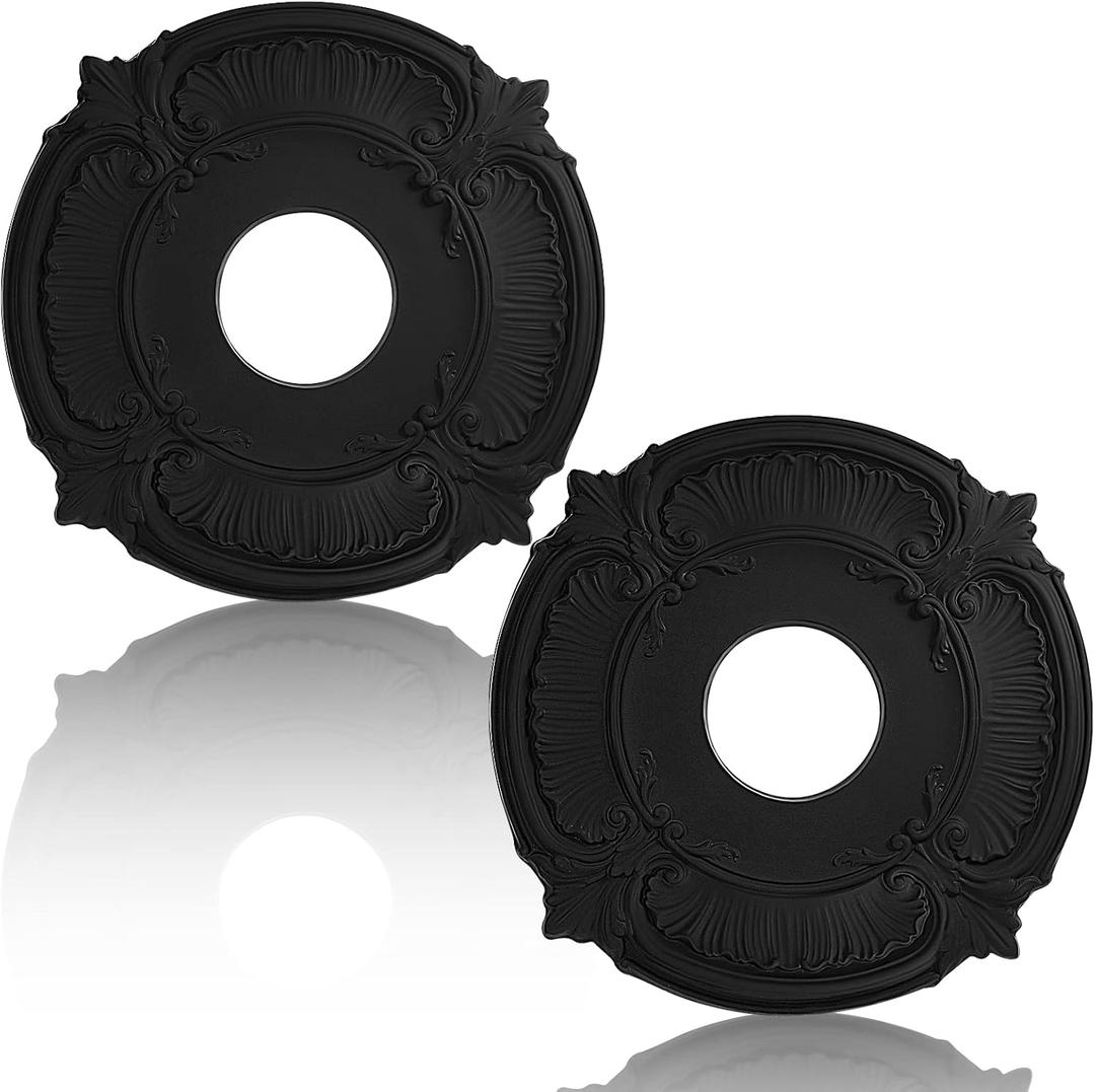 2 Pieces PU Ceiling Medallion Decorative Ceiling Fan Medallion Round Home Lighting for Light Fixtures Chandeliers, 12"od x 3.5"ID(Black)