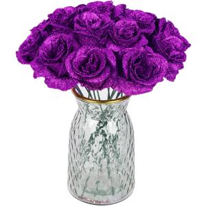30PCS Purple Glitter Roses Artificial Flowers Faux Roses with Stems for DIY Crafts Wedding Bouquet Party Home Decor(Purple)