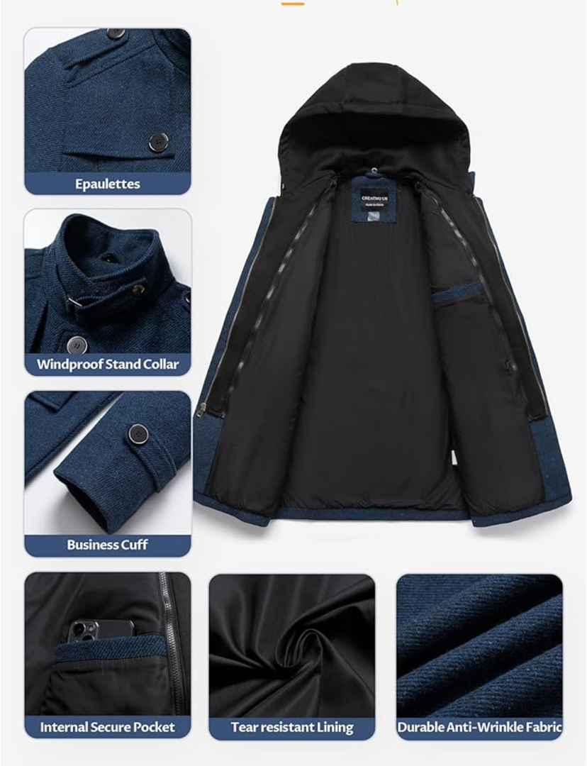 CREATMO US Men's Classic Pea Coat Wool Blend Trench Coat Windproof Business Overcoat With Detachable Hood Size 2XL