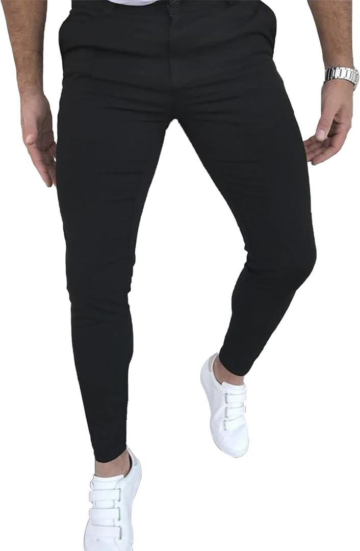 Men's Fashion Stretch Dress Pants Slim Fit Plaid Skinny Long Pants Casual Business Golf Dress Pants (X-Large, Black-01)