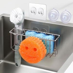 3IN1 Multiuse Sponge Holder for Kitchen Sink, Sponge Caddy for Scrub Daddy/Scrub Mommy Smiley Face, Sink Organizer Accessories for Dish Brush, Scrubber  with 2 Suction Cups & 1 Adhesive Hook
