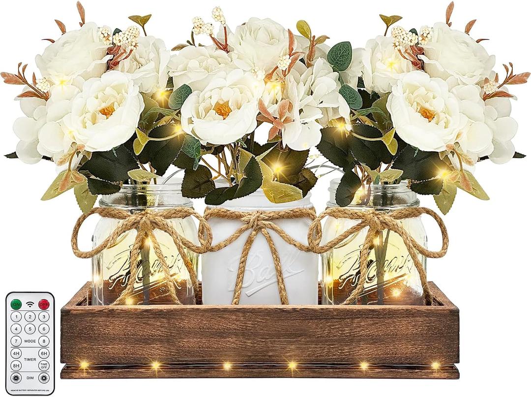 HOMECOR Mason Jar Centerpiece Table Decor for Dining Room - Table Decorations with Farmhouse Wood Tray and Remote Control LED Fairy Lights for Coffee Table Home Decor Living Room Wedding
