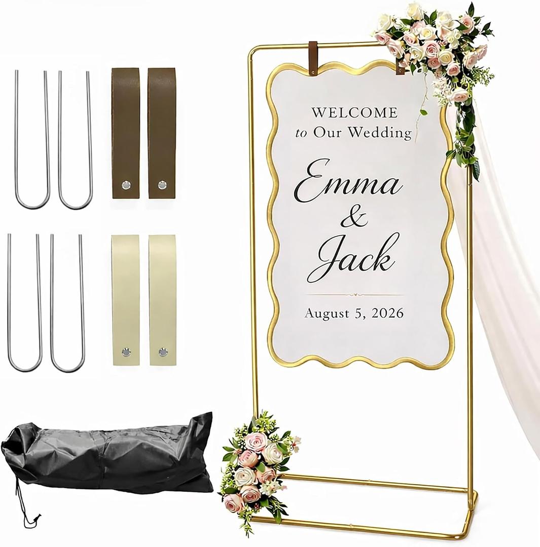 Wedding Welcome Sign Stand, Adjustable Metal Wedding Sign Holder with 2 Leather Straps, 4 Ground Stakes & Carry Bag, Sturdy Powder-Coated Steel Display Stand for Wedding Signs & Seating Chart(Gold)