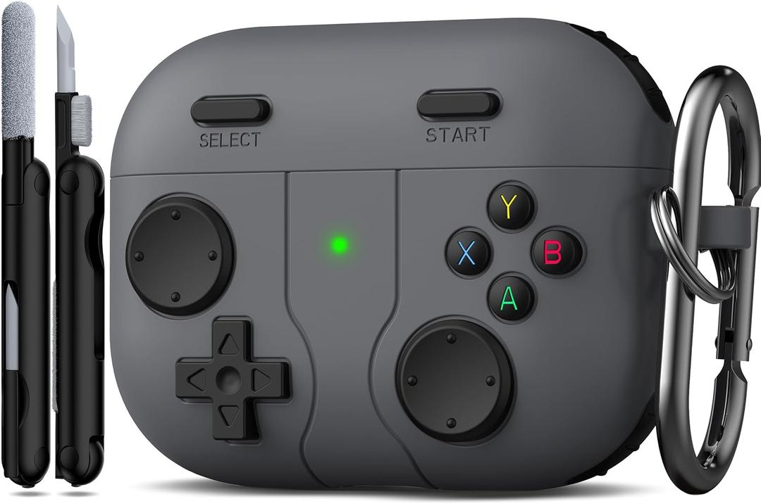 R-fun for AirPods Pro 3 Case (2025) Cover with Cleaner Kit, Classic Handheld Game Console Design Soft Skin Silicone Protective for Apple AirPods Pro 3rd Generation Charging Case, Grey (Black)