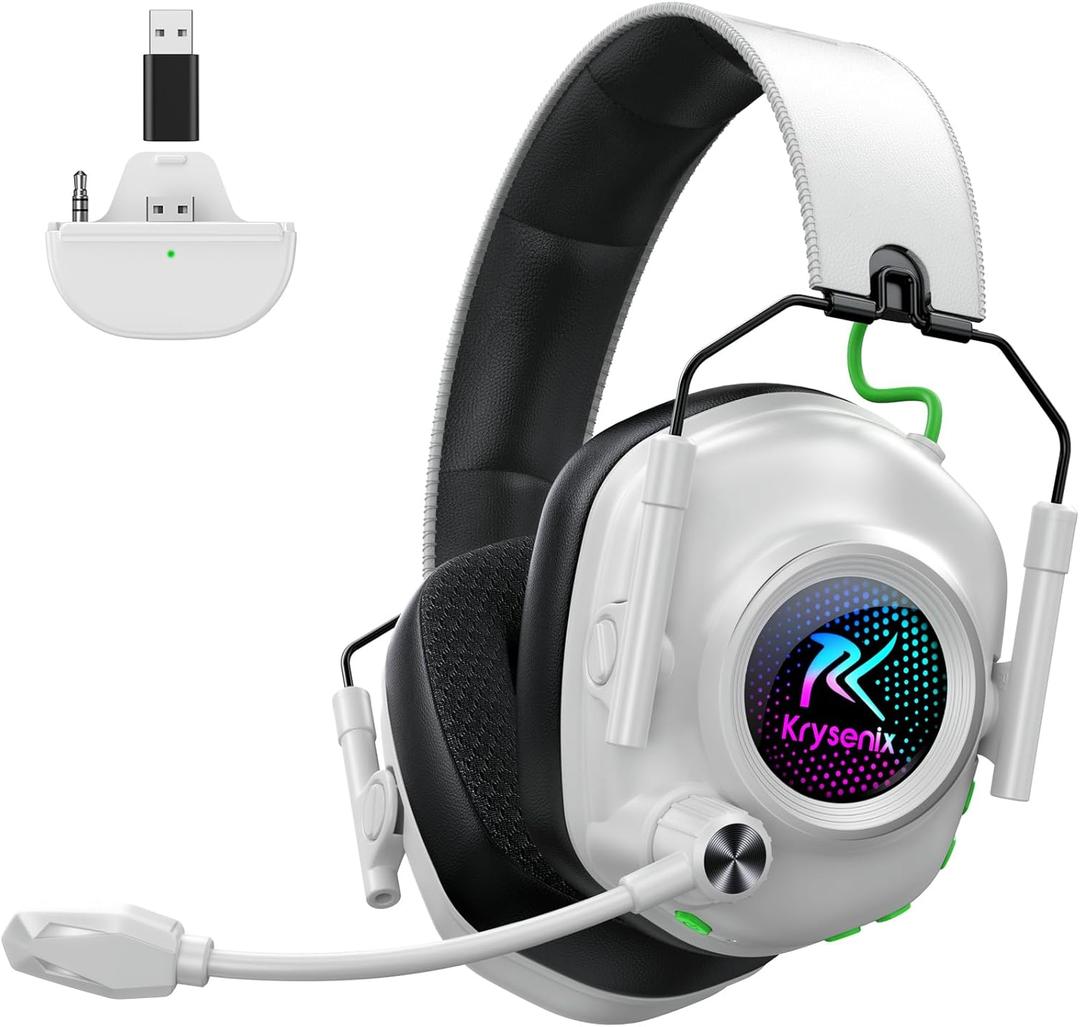 Wireless Gaming Headset with Noise Canceling Microphone for PC, PS5, PS4, Switch, Mac, 2.4 GHz Wireless & Bluetooth 5.4 Gaming Headphones, Cool RGB Lighting, 50Hr Battery, 50mm Drivers, White 