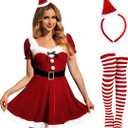 Women Christmas Sexy Santa Costume Mrs Claus Puff Sleeve 3 Pack Headband Stocking and Velvet Dress(XL)