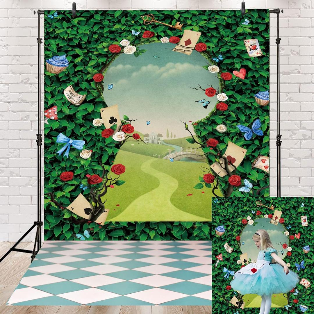 Wonderland Backdrop Green Leaves Rose Tea Party Photography Background Magic Hat Checkerboard Decorations Little Princess Girls Kid Birthday Photo Booth Prop (6X8FT(70x94inch))