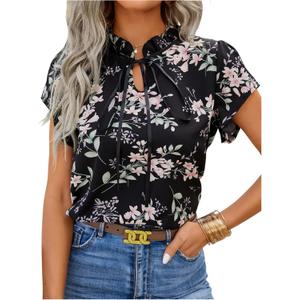 Women's Floral Tie Front Shirts Frill Trim Short Sleeve Crew Neck Blouse Spring Summer Tops (X-Large, Black)