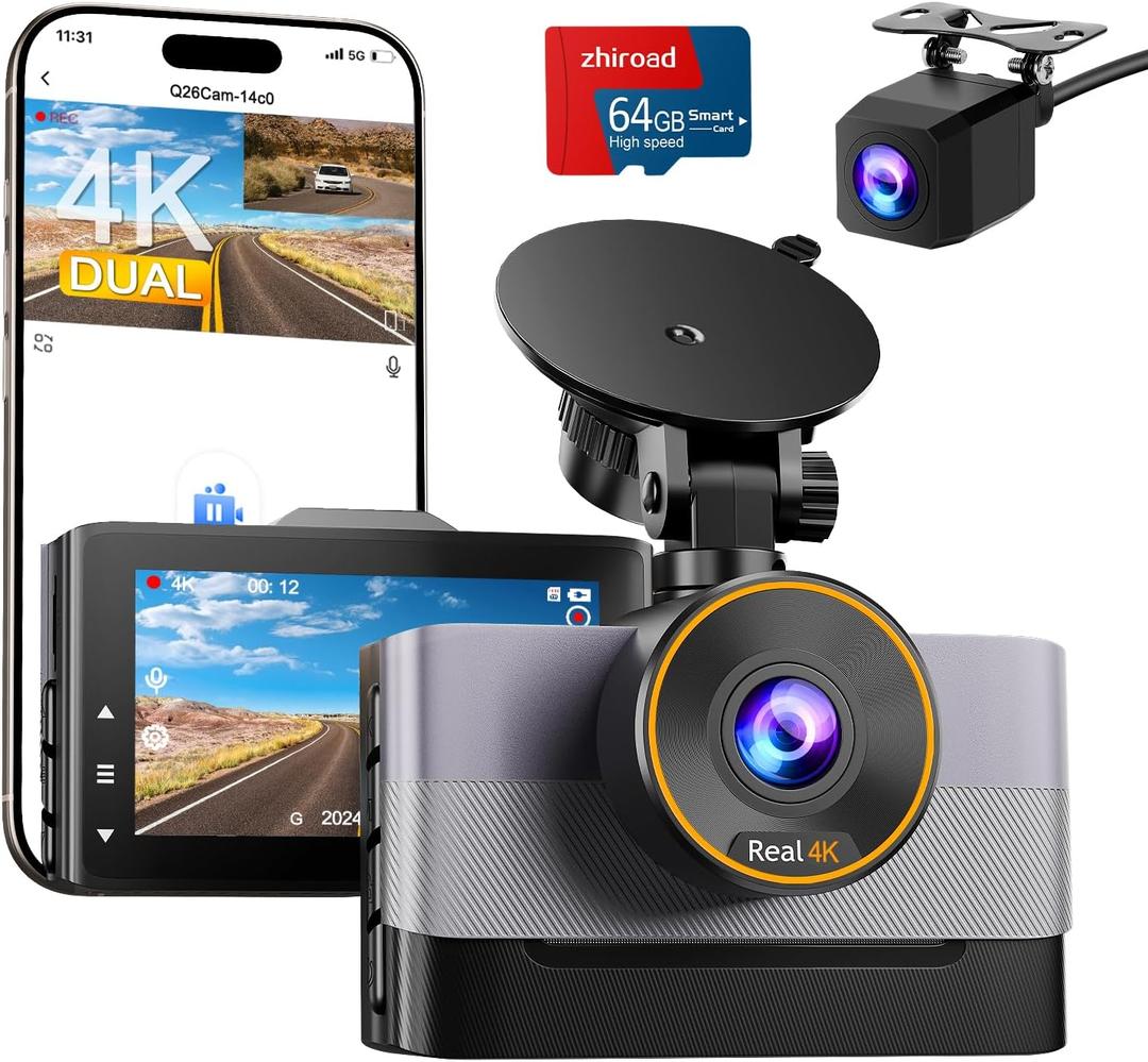 4K Dash Cam Front and Rear, Dual Dash Camera for Cars with 64G SD Card, 3" IPS Dashcam with Night Vision, Time Lapse, 24H Parking Mode, 170 Wide Angle, G-Sensor, Loop Recording, Real WDR