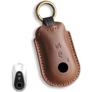 for Mercedes Key fob Cover. Compatible with Mercedes Benz C, CLE, E, S-Class, SL, EQE, EQS, GLC GLS 3 Button Smart Leather Car Key Protector Case Shell Chain Accessories/ Brown