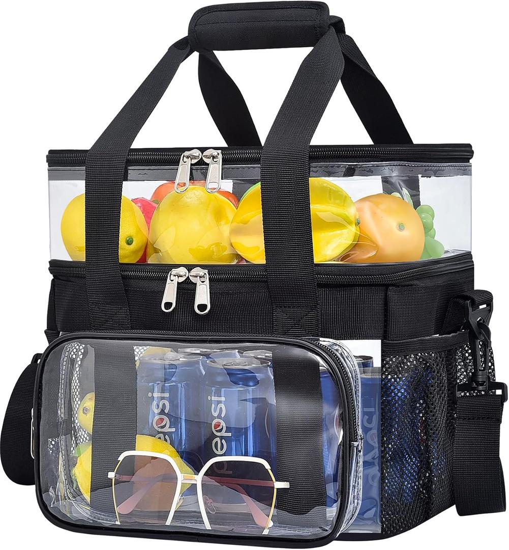 Clear Lunch Bag - Large Clear Lunch Bag for Work Double-Deck Reusable Lunch Bag with Adjustable Strap, Front Pocket and Top Compartment for Picnic, Beach, Work, School（3-6 People Use）