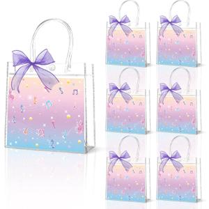 24Pcs Kpop Themed Birthday Party PVC Gift Bags With Ribbon Pink Purple Music Theme Goodie Treat Candy Bags With Handles Kpop Singer Present Tote Bag for Girls Baby Shower Wedding Decor Supplies