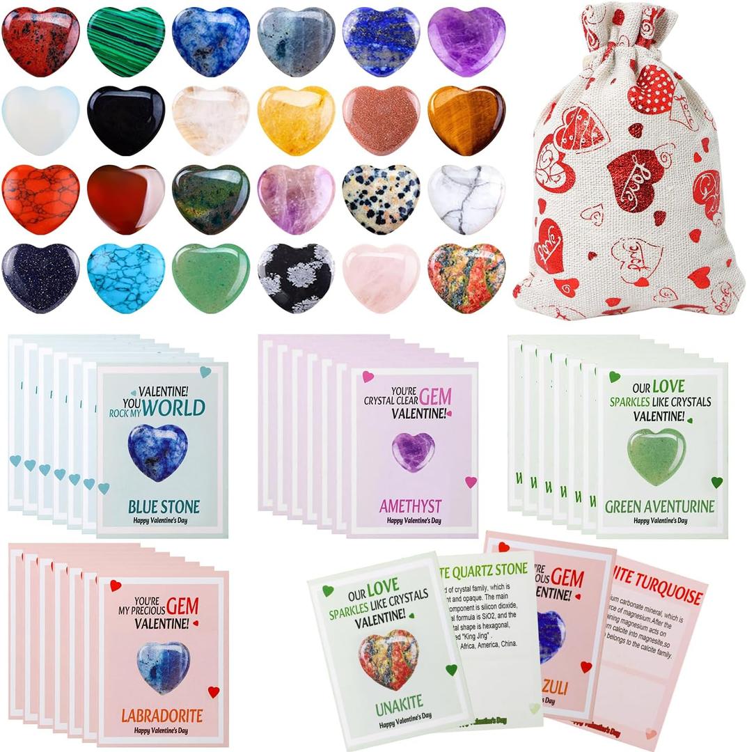 24 Pack Valentines Day Gifts-Valentines Cards with Heart Shape Crystal Stones for Kids Classroom School Party Favor Boys Girls Valentine Exchange Gifts