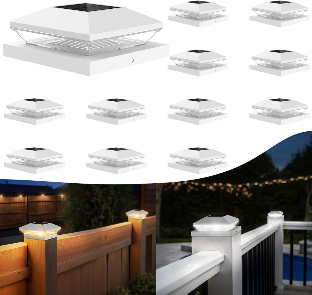 T-SUN Solar Fence Post Cap Lights 12 Pack  Outdoor Waterproof Solar Powered Deck Post Lights for 3.5x3.5 4x4 5.5x5.5 6x6 Vinyl/Wooden Posts  Warm/Cool White Modes for Porch,Yard,Walkway,Gate