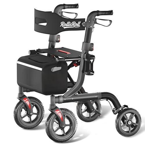 RollisRoll Walkers for Seniors with Seat, Foldable Rollator Walker, Reinforced Aluminum Frame, 10" Big Rubber Wheels for All Terrain, Built-in Cable, Lightweight Rolling Walker, Gray
