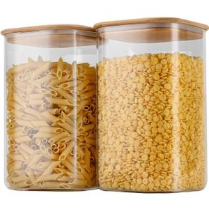D2scrma 156oz Airtight Glass Square Storage Canister with Bamboo Lid Set of 2(4600ml*2) Large Gallon Glass Jars for Sugar, Flour, Cookies and Coffee beans (with Black Lable)