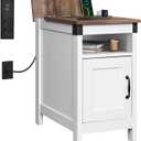 WLIVE White Farmhouse End Table for Living Room, Narrow Side Table with Charging Station, Night Stand with Storage, Small Wooden Cabinet with USB Ports and Outlets for Bedroom, White