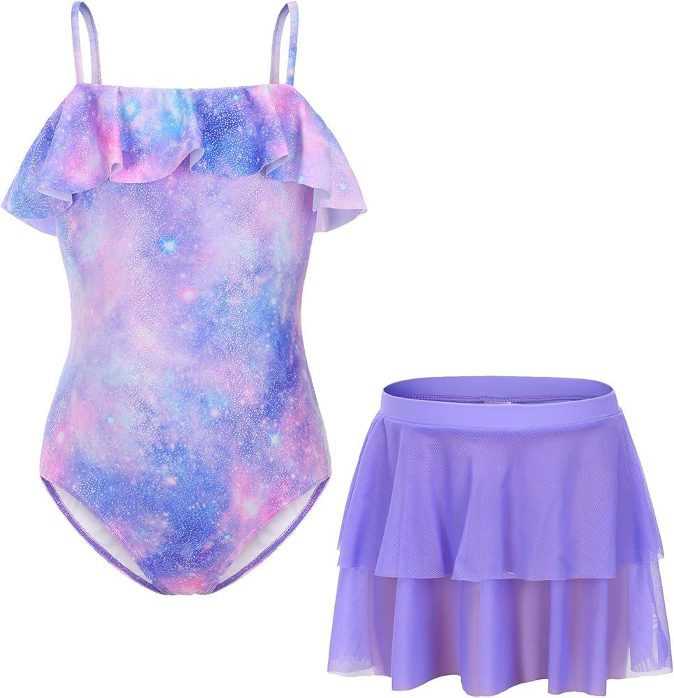 Girls One Piece Swimsuit with Mesh Skirt Printing Bathing Suit Swimwear, (4-5 Years, Lavender) Girls One Piece Swimsuit with Mesh Skirt Printing Bathing Suit Swimwear, (4-5 Years, Lavender)