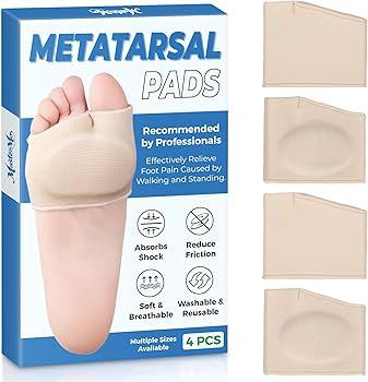 Metatarsal Pads for Men and Women - Ball of Foot Pain Relief Cushions for Sesamoiditis, Metatarsalgia, Morton's Neuroma - 2 Pairs Fabric Sleeves with Gel Inserts (Beige, L)