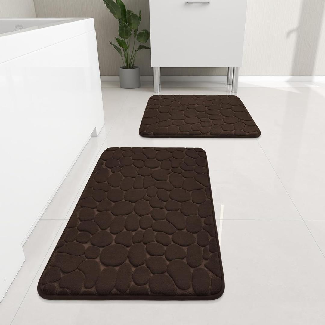 YIHOUSE Bathroom Rugs Mat Set 2 Piece Brown, Memory Foam Bath Mats Sets, Non Slip Water Absorbent Washable Bath Rugs for Sink, Toilet and Floor