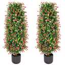 Sunnyglade 2 Packs Artificial Rose Tree 3FT- Fake Floral Plant Tree in Pot- Decorative Topiary Plant - Cement Filled Potted Faux Flower Plant for Home Office Porch Decor Indoor Outdoor (Red)