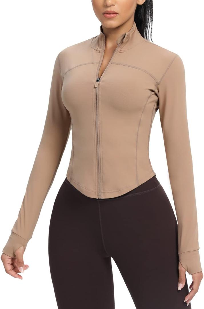 AVGO Women's Cropped Running Workout Jackets Zip Slim Fit Athletic Tops with Thumb Holes (Cream Coffee) S