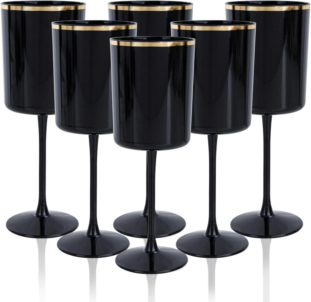 Ciaell 12 Pack 10 OZ Black Plastic Drink Cooler  Glasses with Stem - Black and Gold Disposable Glasses Perfect for Parties & Weddings & Toasting & Outdoors & Camping & Halloween