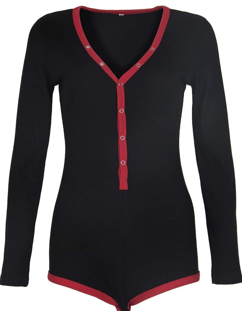 Roselux Women's Sexy Deep V Neck Shorts Long Sleeve Knitted One Piece Bodysuit Sexy Pajama Onesie Bodycon Rompers Overall size XL