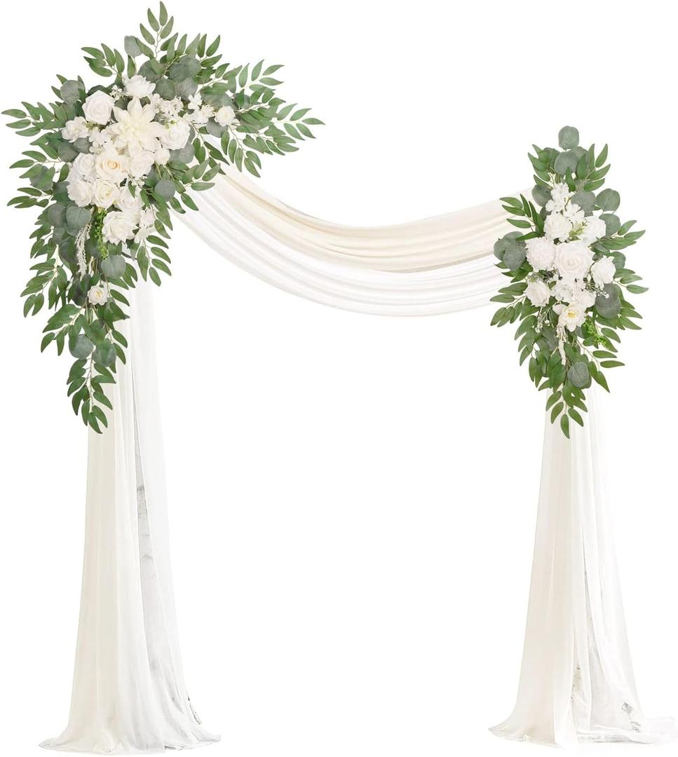 Muhanjia Artificial Arch Flowers Kit(Pack of 4), 2Pcs Artificial Flower Arch Decor, 2Pcs Drapes, Ceremony and Reception Background Rose Decoration, White Champagne Floral Party and Outdoor Decor