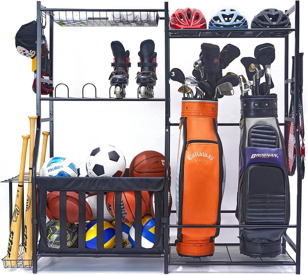Garage Sports Equipment Organizer, Golf Bag Stand for Garage Ball Storage Rack Indoor/Outdoor Kids Toys Storage Organizer Bins, Ball Holder with Baskets