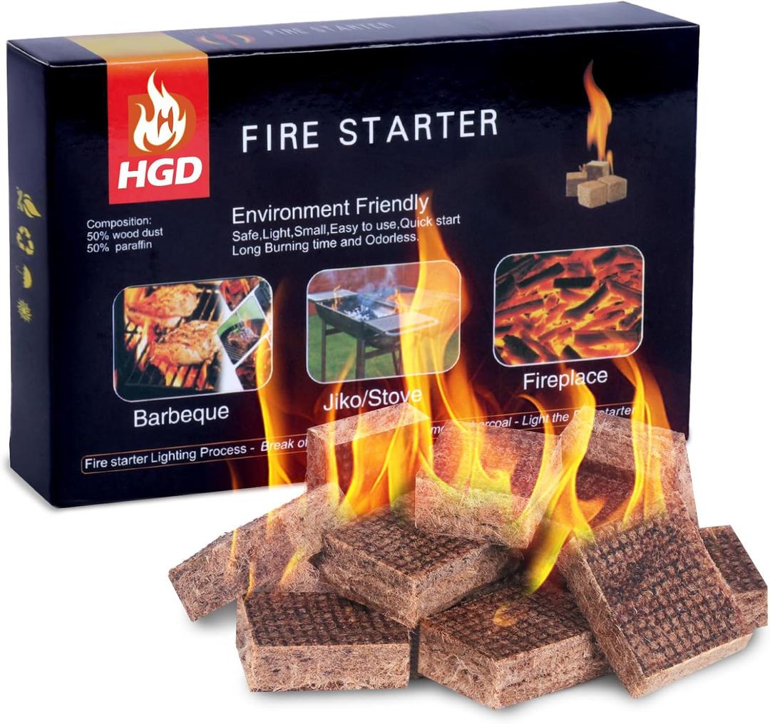 HGD Fire Starter, Mini Natural Fire Starters for Campfires, BBQ Grill, Charcoal Chimney, Outdoor Pit, Indoor Fireplace, Wood Stove - Water Resistant Firestarter Sticks - Camping Accessories Essentials (32 pieces, Square)
