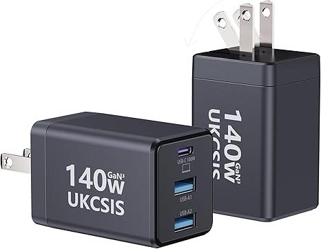 140W USB C Charger Block, Foldable 3-Port Multi-Device Fast Charger USB C Power Adapter for MacBook pro/Air, Dell, Samsung Galaxy, iPad Pro, and More (Black) 2 Pack