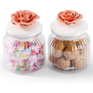 Glass Jars with Airtight Ceramic Lids, Handcrafted Porcelain Rose, Glass Food Storage Canister for Kitchen, Decorative Jars for Coffee Tea Sugar Candy, Orange Red Rose, Set of 2