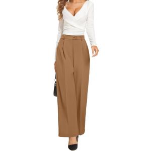 Summer Work Pants for Women Business Casual Office Dress Pants Trousers with Pockets (Brown, L)