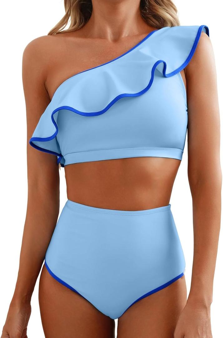 Herseas Women's One Shoulder Bikini Sets Color Block Trim Ruffle Hem Swimsuits Elegant Bathing Suits (Blue, S)