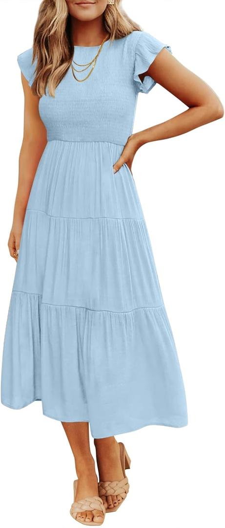 ZESICA Women's 2025 Summer Casual Flutter Short Sleeve Crew Neck Smocked Elastic Waist Tiered Midi Dress (Blue) Small