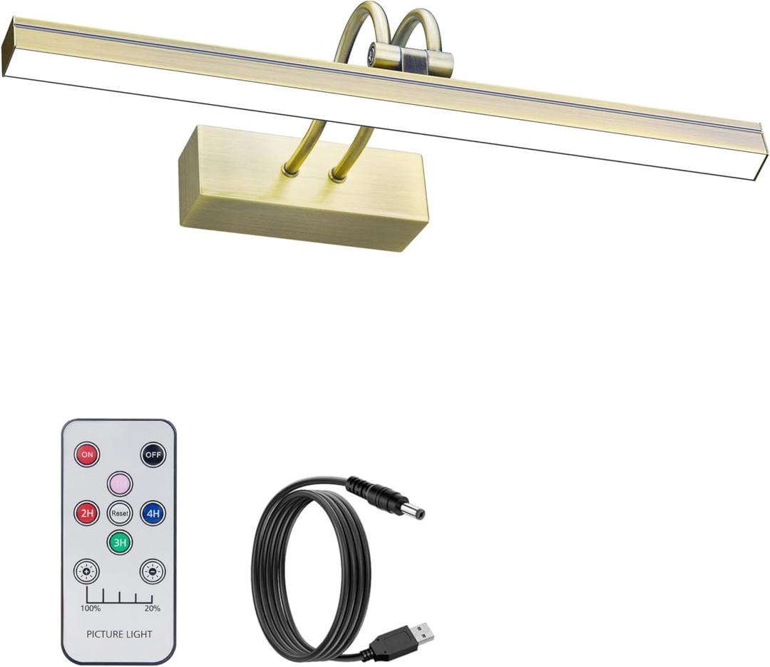 FUNCHDAY Picture Light Wireless, 13" Rechargeable Battery Operated Picture Lights with Remote Timer, 280LM Dimmable Gallery Light, Cordless Art Lighting for Paintings, Wall (Antique Brass) 