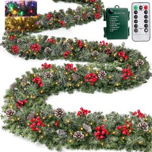 Remote Control&Super Long&8 Modes-18Ft Prelit Snowy Pine Christmas Garland for Stairs Door Mantle Porch Outdoor Indoor,Real Touch Cedar Garland,100 Warm White&Color Switch Lights,Timer,Berry Pinecone