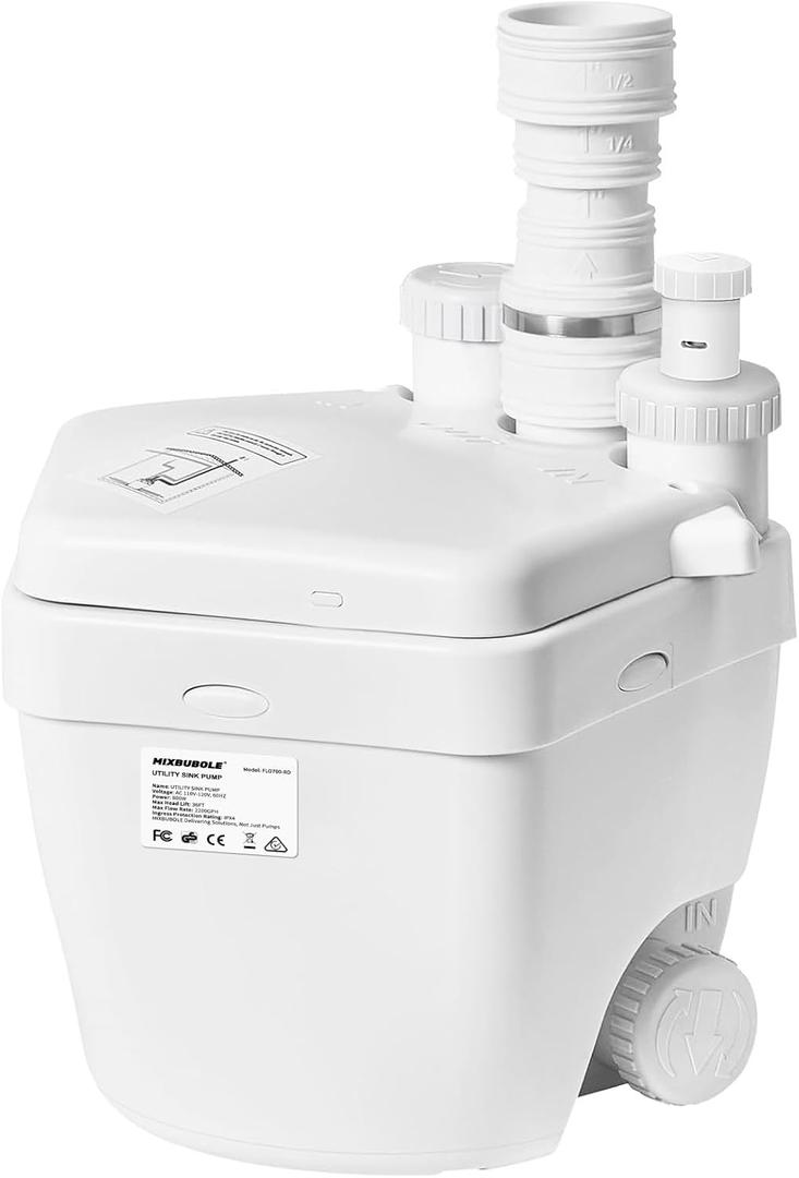 Upgraded 1 HP Utility Sink Pump with PCB Function Upflush to 36FT 2200GPH Under Sink Pump with 3 Water Inlets 1 Outlets Macerating Toilet System for Sink Shower Wash Bin Urinal Kitchen Basement, White