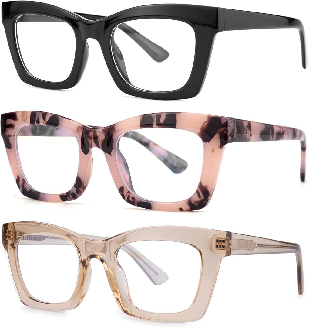 bullabulling 3 pack Oprah style Spring hinge Readers Blue Light Blocking Computer Square Reading Glasses for Women Men (Black/Tortoise/Tea)