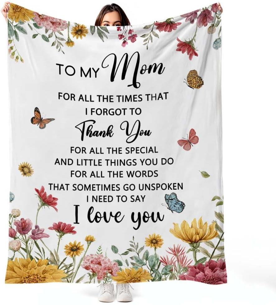 MASLEK Gifts for Mom Flannel Blanket, Mom Birthday Blanket with Floral and Butterfly Design, Valentine's Day Gift for Mother from Daughter Son, 50 x 60 Inch