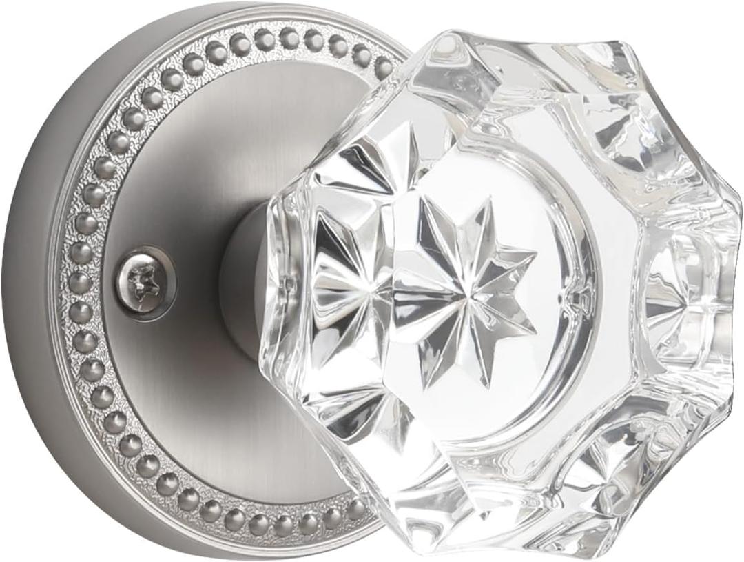 Satin Nickel Door Knobs Crystal Door Knob Brushed Nickel Passage Door Knobs Glass Silver Interior Door Knob for Hall and Closet, 1 Pack