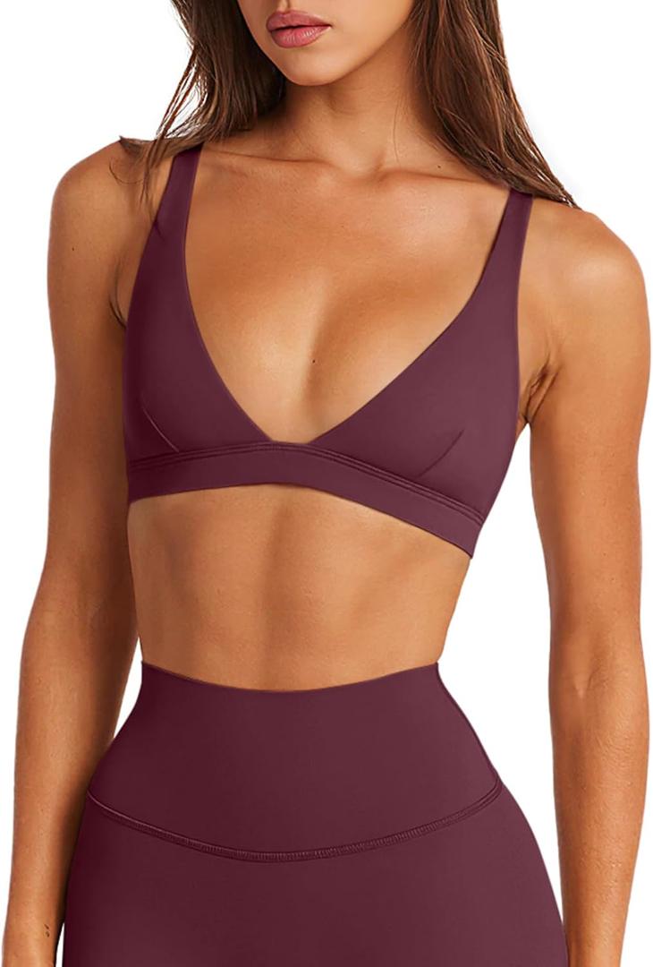 LASLULU Womens Deep V-Neck Sports Bra Padded Wireless U Back Workout Bra Low Impact Gym Workout Yoga Crop Tops (Purple, XS)